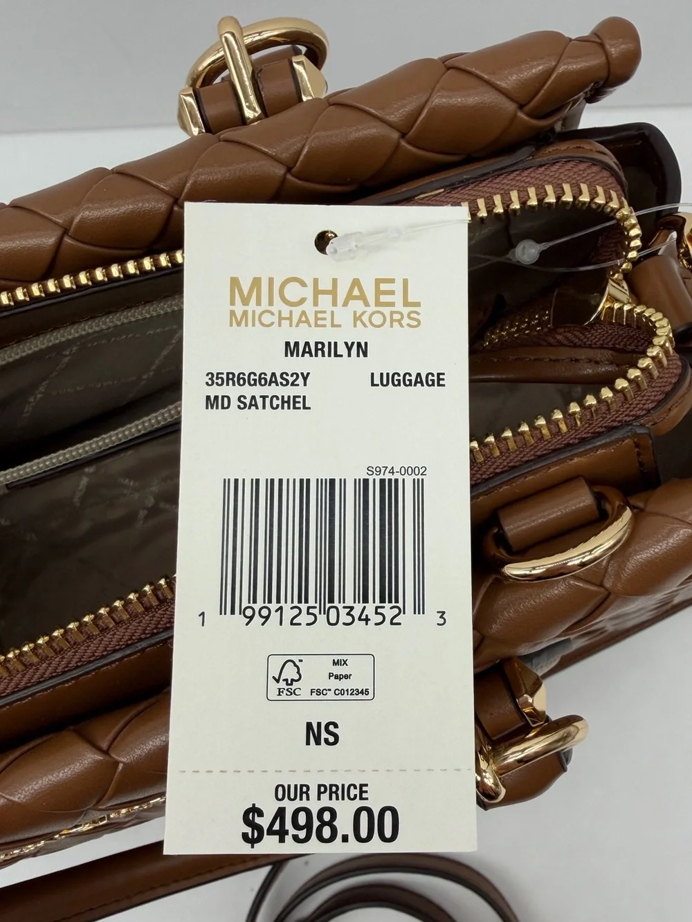 MICHAEL KORS  Marilyn Medium Woven Satchel Crossbody Bag Luggage